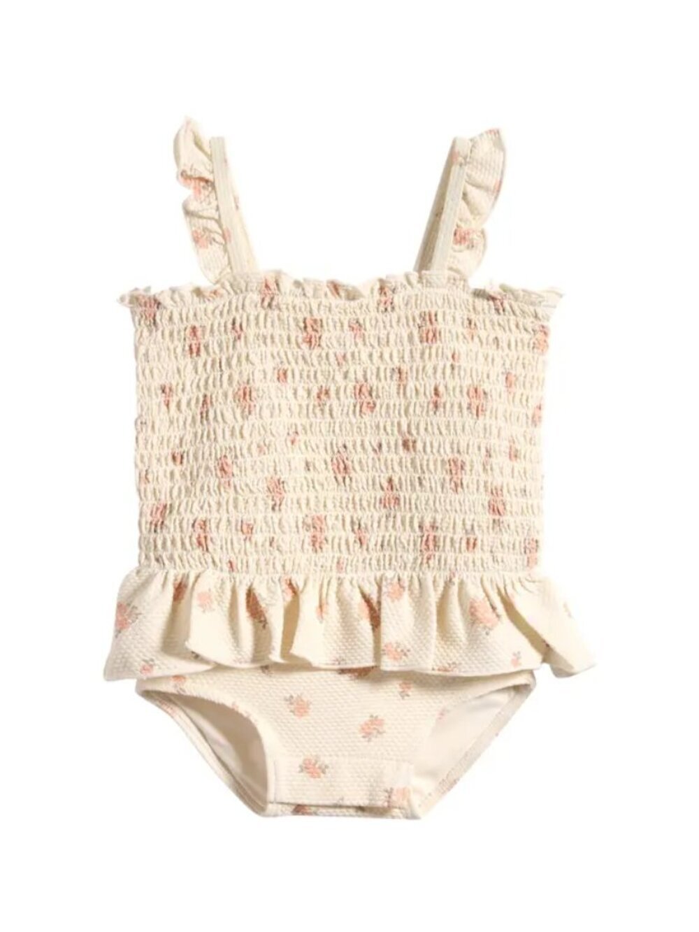 QUINCY MAE Ruffle Smocked Bodice Piqué One-Piece Swimsuit in Ivory Size 3-6 M